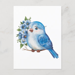 Cartão Postal Pássaro Azul com Flores