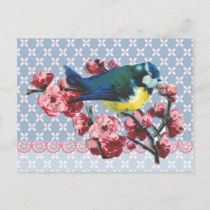 Cartão Postal Pássaro Azul e Flor de Cereja