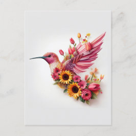 Cartão Postal Pássaro batendo voando com flores