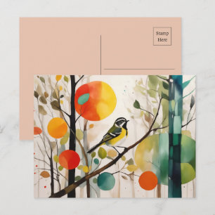 Cartão Postal Pássaro Canino De Aquarelas Na Floresta Do Outono