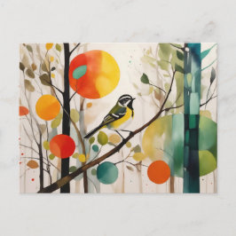 Cartão Postal Pássaro Canino De Aquarelas Na Floresta Do Outono
