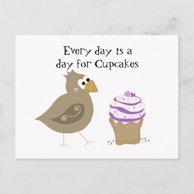 Cartão Postal Pássaro Caprichoso e Cupcake (Frente)