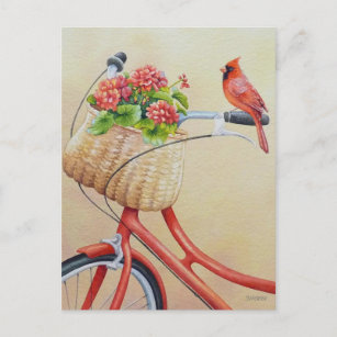 Cartão Postal Pássaro Cardeal Empoleirado na Bicicleta Aquarela