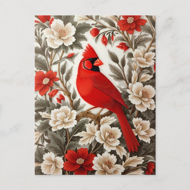 Cartão Postal Pássaro Cardinal do Norte Floral Bonito (Frente)