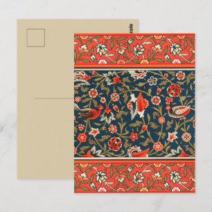 Cartão Postal Pássaro e Flor Padrão Vermelho Azul Persa