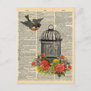 Cartão Postal Pássaro e gaiola de Dicionário Vintage com Flore