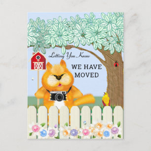 Cartão Postal Pássaro e Gato no Jardim Mudança de endereço