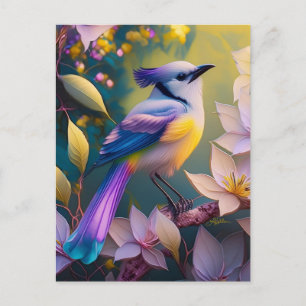 Cartão Postal Passaro Fantasia Violeta Tuftada Amarelo Peito