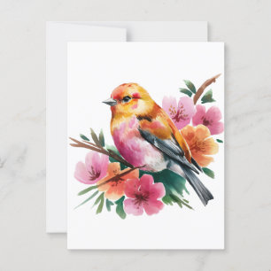 Cartão Postal Pássaro Flor Rosa