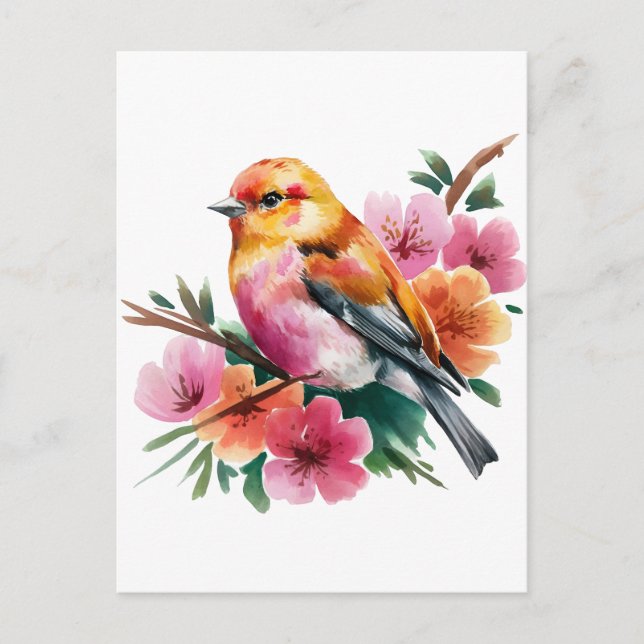 Cartão Postal Pássaro Flor Rosa (Frente)