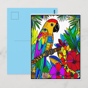 Cartão Postal Pássaro Parquito Colorido Vermelho Amarelo Azul Pu
