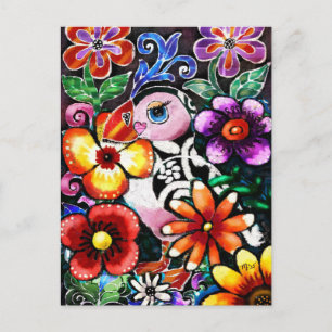 Cartão Postal Pássaro Puffin Abstrato Caprichoso em Flores