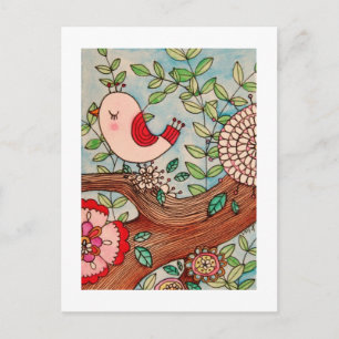 Cartão Postal Pássaro retrô, galho e flores
