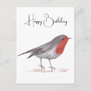 Cartão Postal Pássaro Robin aquarela Arte de aniversário Festivo