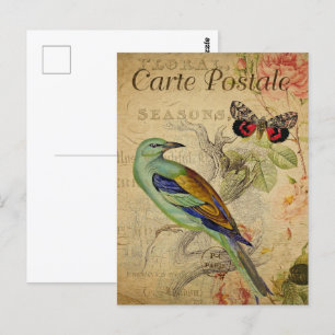 Cartão Postal Pássaro Verde e Borboleta