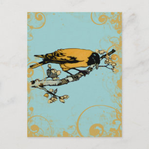 Cartão Postal Pássaro Vintage Amarelo Ouro e Teto Azul