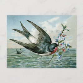 Cartão Postal Pássaro Vintage com ramificação de flores
