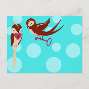 Cartão Postal Pássaros Apaixonados Chave do Meu Coração