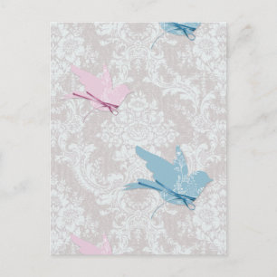 Cartão Postal Pássaros azuis cor-de-rosa, Damask Lace