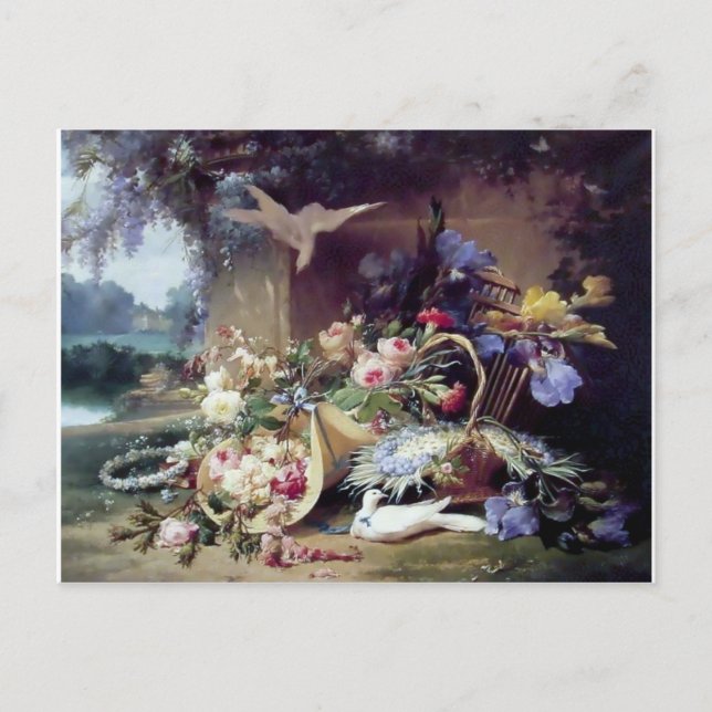 Cartão Postal Pássaros Brancos Pássaros Flores (Frente)