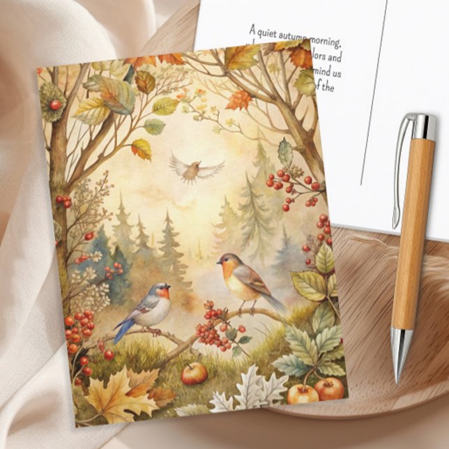Cartão Postal Pássaros Canoros Folhas de Outono  (Autumn leaves and birds postcard)