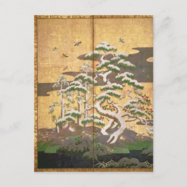 Cartão Postal Pássaros com flores de Outono e Inverno (Frente)