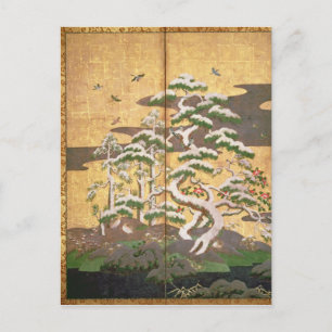 Cartão Postal Pássaros com flores de Outono e Inverno