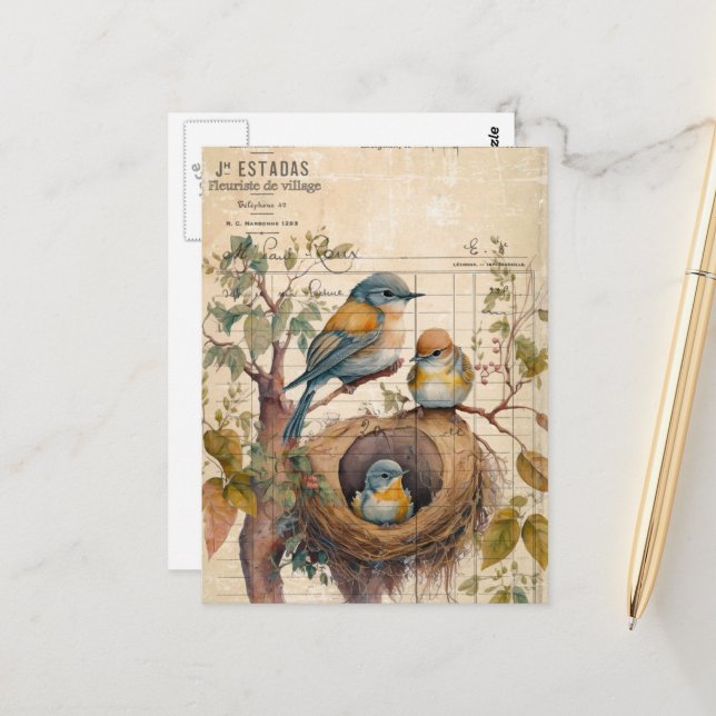 Cartão Postal Pássaros da Primavera Ephemera Vintage (Frente/Verso In Situ)