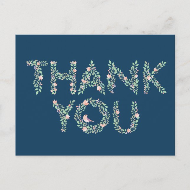 Cartão Postal Pássaros de Amor & Letras Obrigado Marinha (Frente)