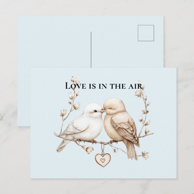 Cartão Postal Pássaros de Amor Romântico Nuvem Coração (Frente/Verso)