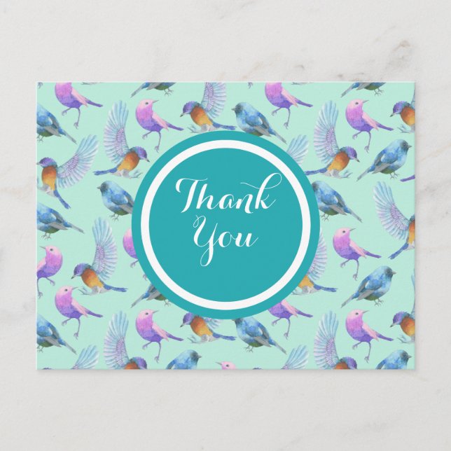Cartão Postal Pássaros Exóticos Selvagens Padrão de Aquarela Obr (Frente)