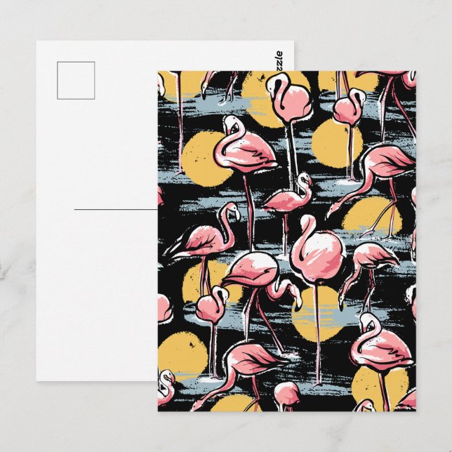 Cartão Postal Pássaros Flamingo rosa e pôr do sol | Tango tropic (Frente/Verso)