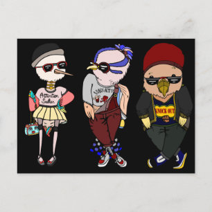 Cartão Postal Pássaros Negros Engraçados Vestindo Roupas Ilust