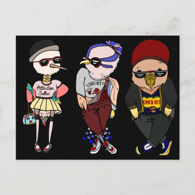 Cartão Postal Pássaros Negros Engraçados Vestindo Roupas Ilustra (Frente)