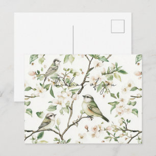 Cartão Postal Pássaros Verdes Flores Brancas Árvore Pensando em