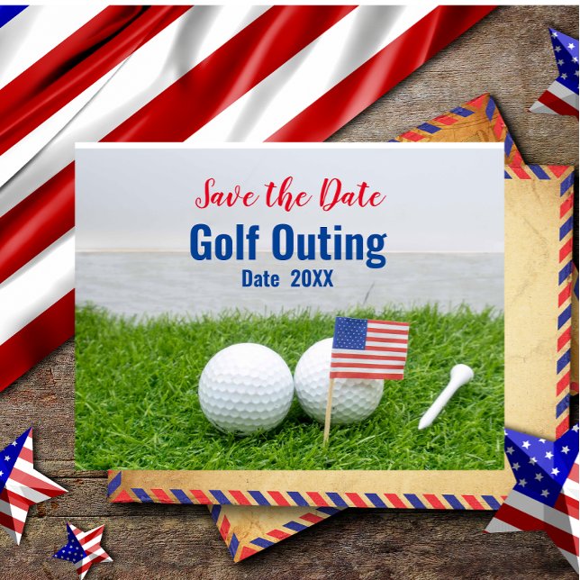Cartão Postal Passeio de Golfe Salve a Data com Bandeira da Amér (Criador carregado)