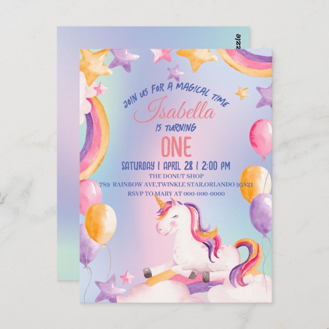 Cartão Postal Pasta de Aquarela Cuta Unicorns Rainbow Aniversári (Frente/Verso)