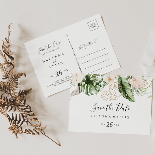 Cartão Postal Pasta tropical Dourada Horizontal Salvar a Data (Criador carregado)