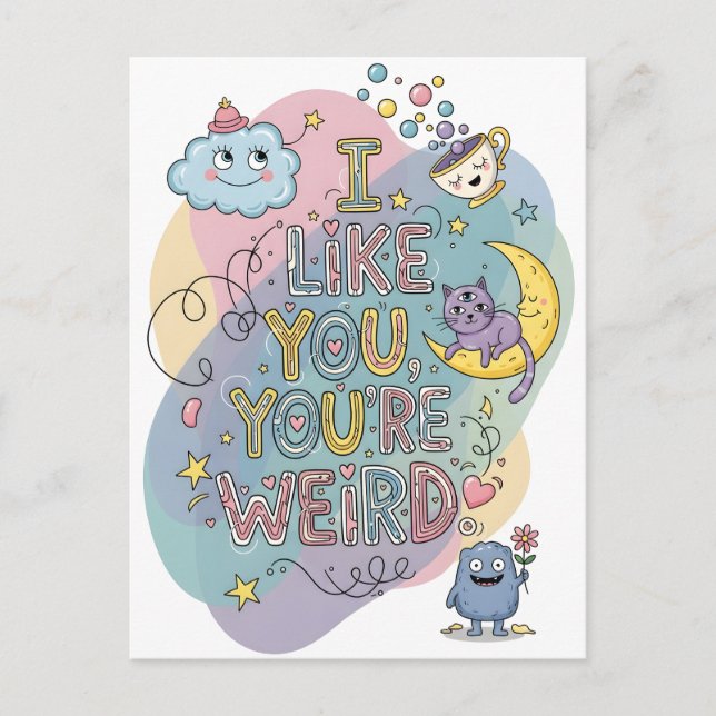 Cartão Postal Pastel Doodle Whimsical Cat Monster (Frente)