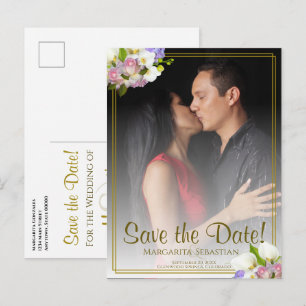 Cartão Postal Pastel Floral Dourado Frame Weding Date (Salvar da