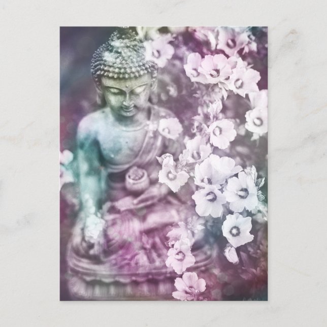 Cartão Postal *~* Pastel Meditação Zen Buddha Medita Flores (Frente)