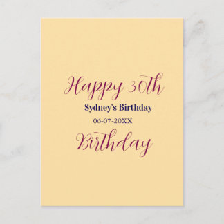 Cartão Postal Pastel orange happy 30th birthday name date purple