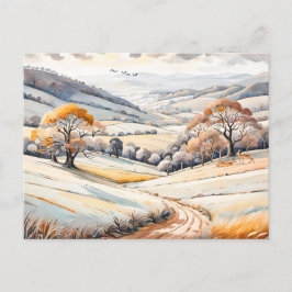 Cartão Postal Pastel Watercolor Paisagem Sunny Winter