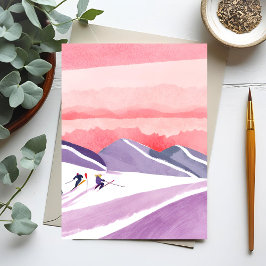 Cartão Postal Pastel Watercolor Ski Mountain Sunset