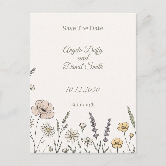 Cartão Postal Pastel Wildflower Save the Date (Frente)