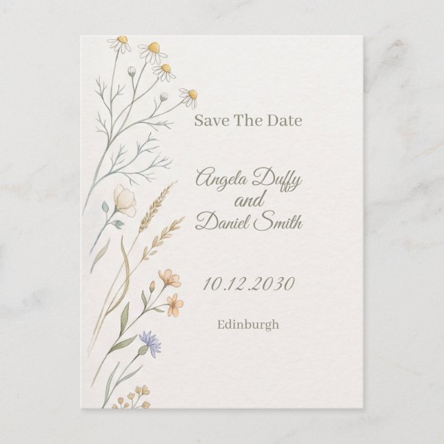 Cartão Postal Pastel Wildflower Save the Date (Frente)