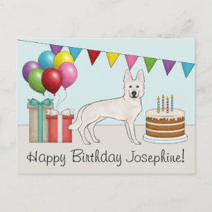 Cartão Postal Pastor Suíço Branco GSD Colorido Feliz Aniversário