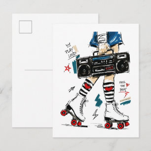 Cartão Postal Patinar Com Música Caixa de Som Patins Retro