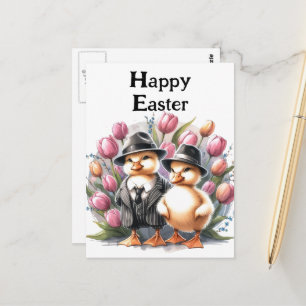 Cartão Postal Patinhos de Páscoa engraçados vintage com terno Tu