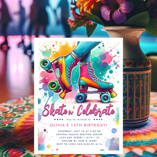 Cartão Postal Patins Coloridos Retrô de Aniversário (Colorful Retro Roller Skate Birthday Invitation Postcard)